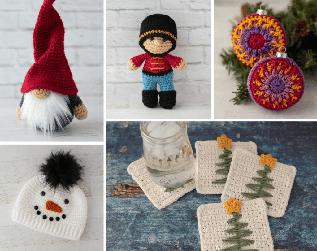 Collage image of Christmas themed crochet projects